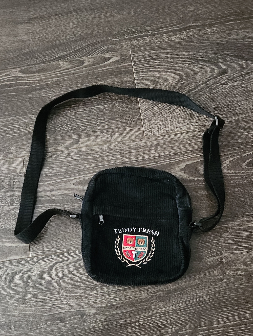 Teddy Fresh Black Corduroy Shoulder Bag with Embroidered Crest - Crossbody - Bag